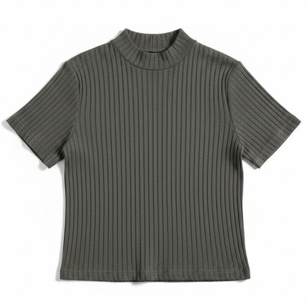 Joanna Vintage Gray Ribbed Mock Neck Short Sleeve Knit Top, Woman's XL, USA Made